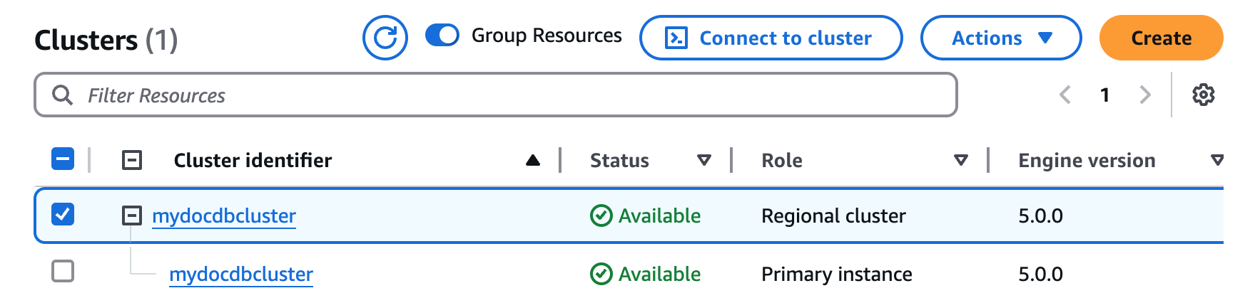 Antarmuka manajemen klaster Amazon DocumentDB menampilkan klaster regional dengan detail instans utama