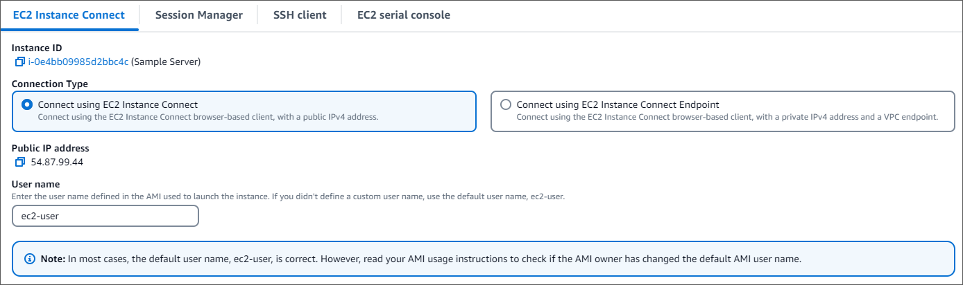 Antarmuka yang menampilkan opsi konfigurasi untuk metode koneksi EC2 Instance Connect.