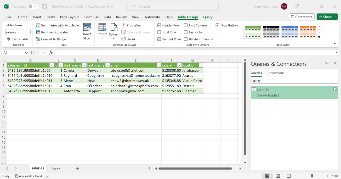 Excel spreadsheet menampilkan lima baris data dari tabel gaji yang dipilih.