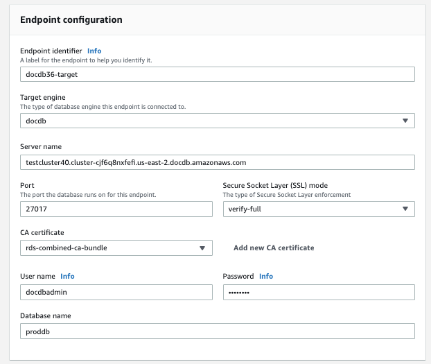 Gambar: Dialog konfigurasi titik akhir untuk AWS DMS target yang menampilkan sembilan bidang yang dapat dikonfigurasi dan menu drop-down.