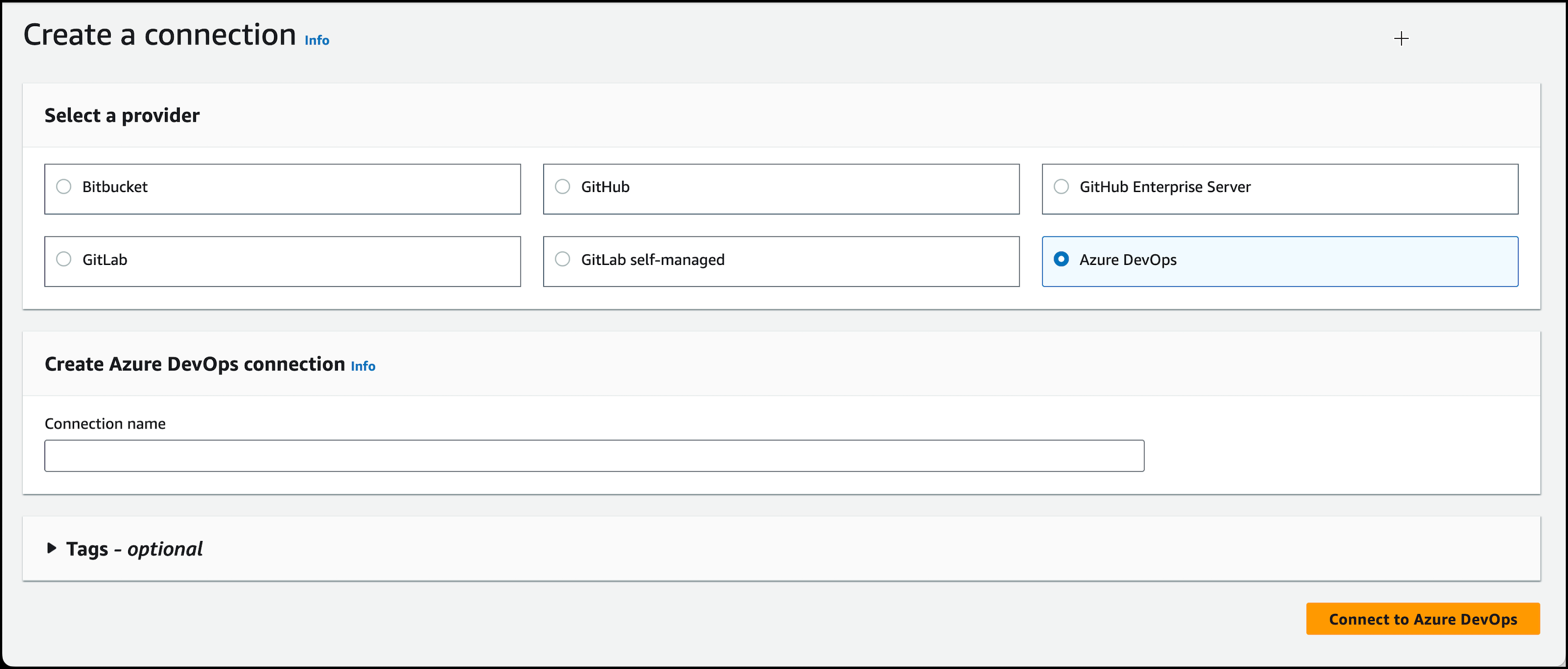 Tangkapan layar konsol yang menampilkan opsi koneksi yang dipilih untuk Azure DevOps.