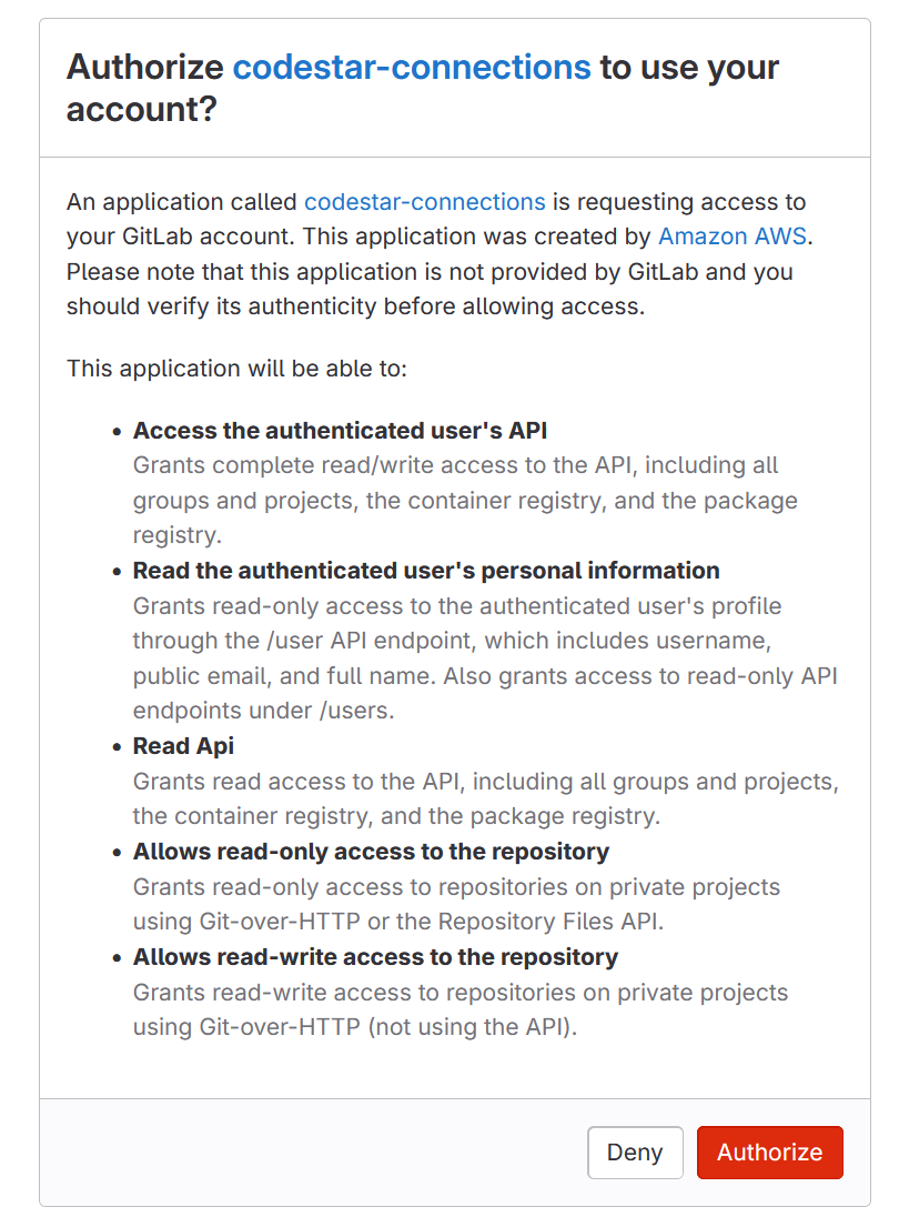 Screenshot yang menampilkan pesan untuk mengotorisasi koneksi untuk GitLab akun Anda.