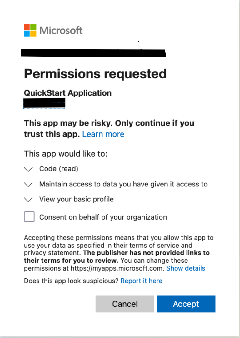 Izin Microsoft meminta tangkapan layar untuk pengguna pertama kali saat membuat koneksi ke DevOps Azure.