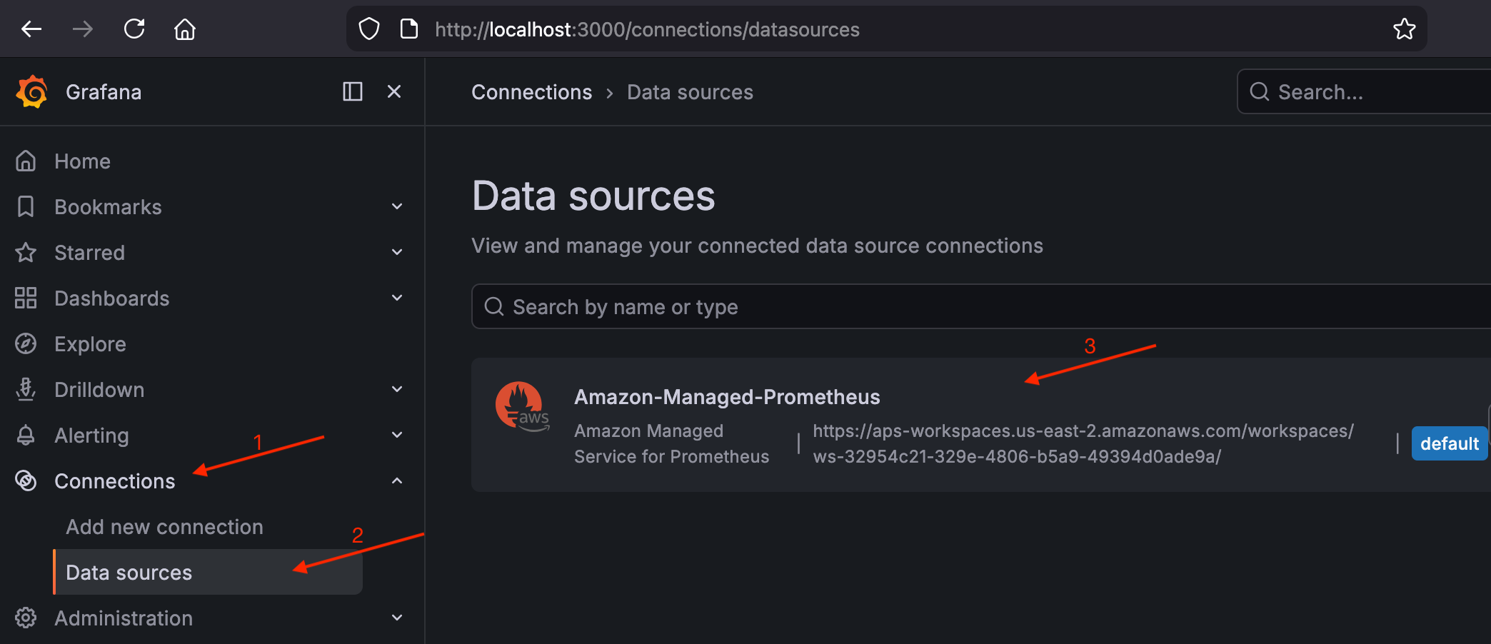 Halaman Koneksi Grafana ditampilkan Amazon-Managed-Prometheus terdaftar sebagai sumber data default