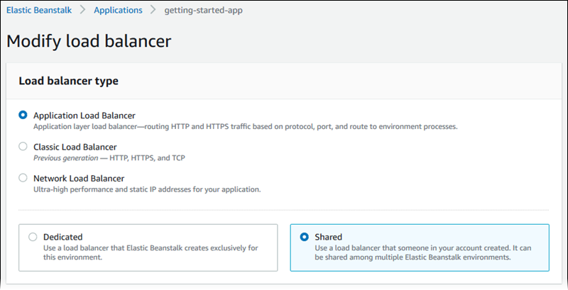 Halaman konfigurasi Elastic Load Balancing - memilih tipe penyeimbang beban