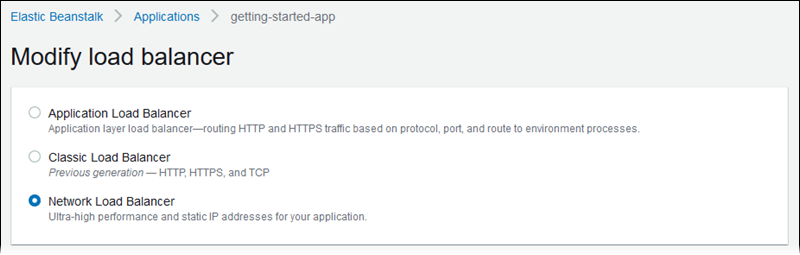Halaman konfigurasi Elastic Load Balancing - memilih tipe penyeimbang beban