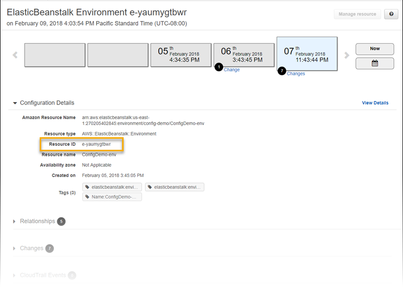 AWS Config halaman detail sumber daya yang menampilkan detail konfigurasi untuk lingkungan Elastic Beanstalk