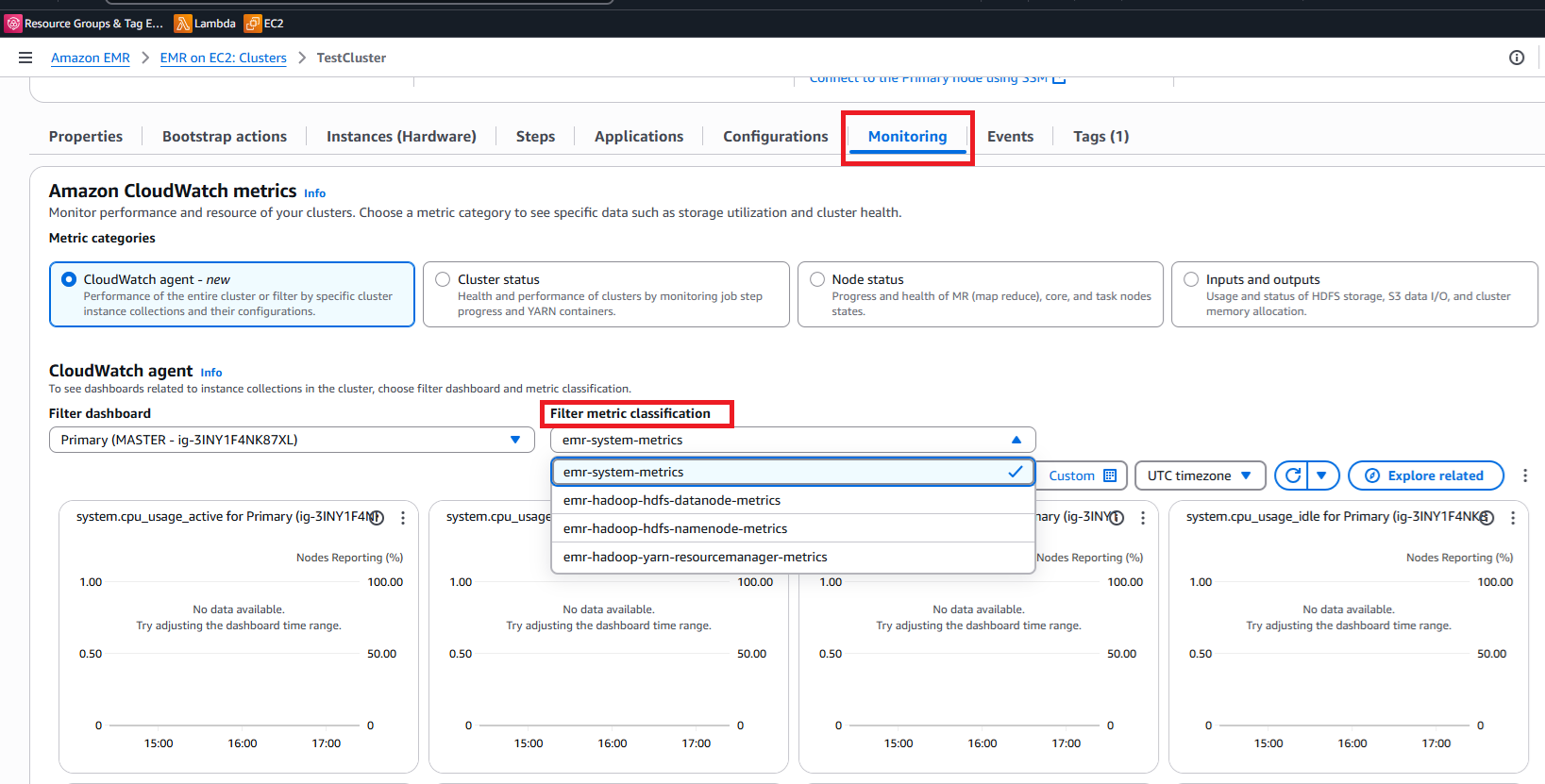 EMR klaster monitoring dashboard showing CloudWatch metrics and filter options.