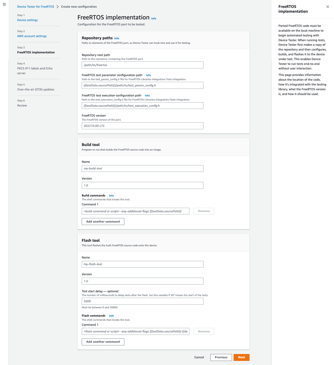 Bagian konfigurasi implementasi FreeRTOS dengan jalur repositori, jalur eksekusi pengujian, versi FreerTOS, detail alat build, dan pengaturan alat flash.