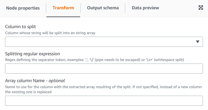 Tangkapan layar menunjukkan tab Transform untuk transformasi Split String.