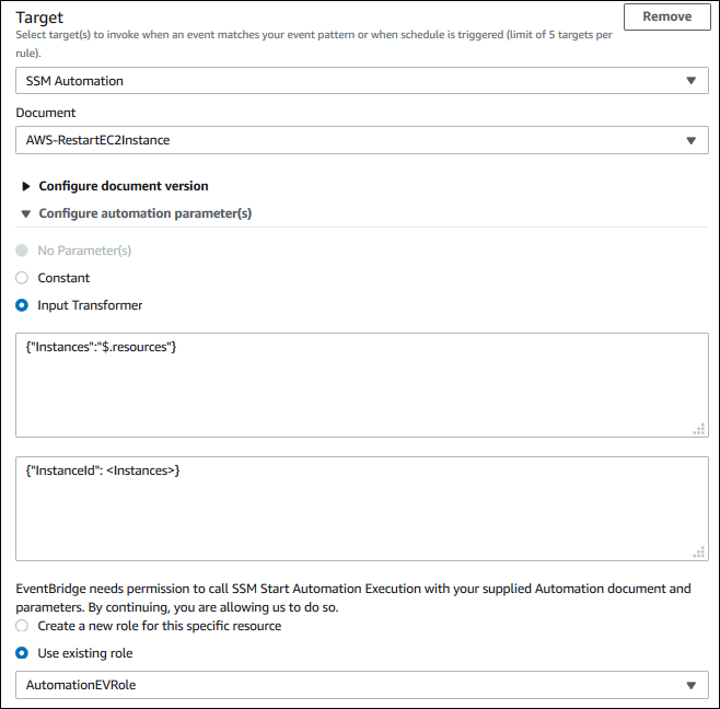 Tangkapan layar dari contoh “SSM Automation” di EventBridge konsol.