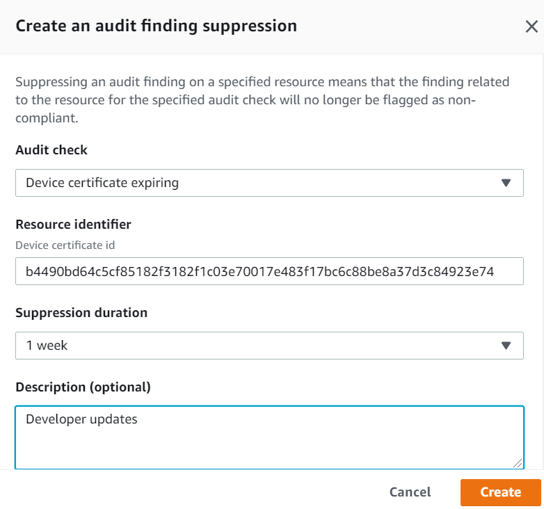 Halaman Create an Audit Finding Suppression di mana Anda harus memasukkan informasi terperinci.