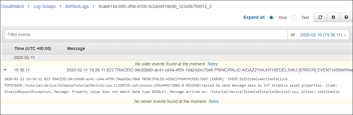 CloudWatch Tangkapan layar "AWS IoT Log”.