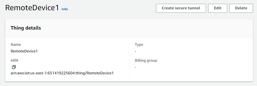 Detail perangkat bernama "RemoteDevice1" dengan Nama Sumber Daya Amazon (ARN) ditampilkan.