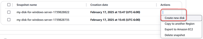 Buat disk baru dari snapshot di halaman beranda Lightsail.