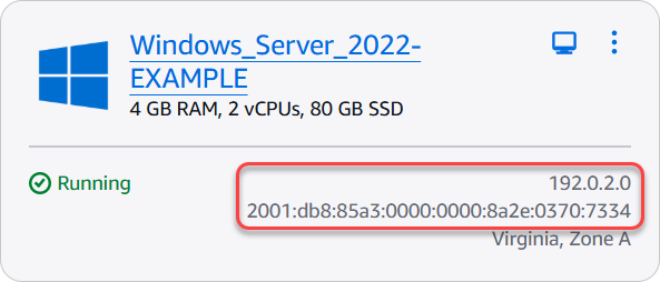 Alamat IP publik dari sebuah instance di konsol Lightsail.