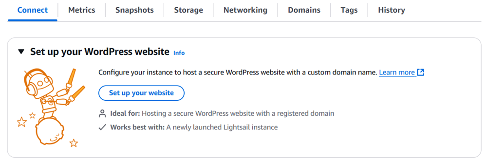 Meluncurkan WordPress pengaturan di Lightsail.