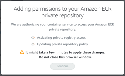 Modal mengonfirmasi bahwa izin sedang ditambahkan ke repositori pribadi Amazon ECR