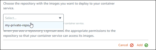 Pilihan dropdown repositori pribadi Amazon ECR