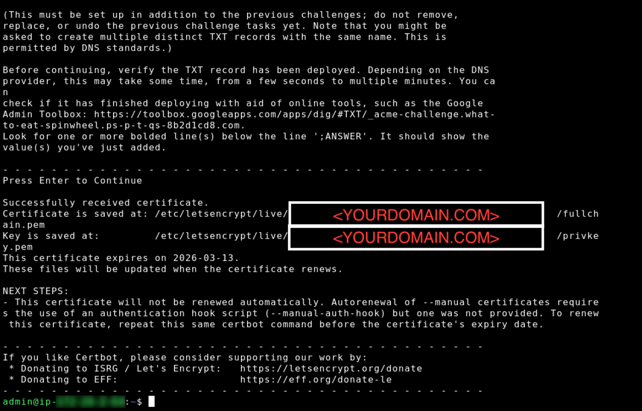 Permintaan sertifikat Let's Encrypt yang berhasil.
