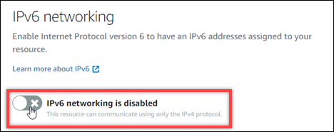 IPv6 Lightsail toggle menunjukkan posisi mati dengan kursor akan menyalakannya.