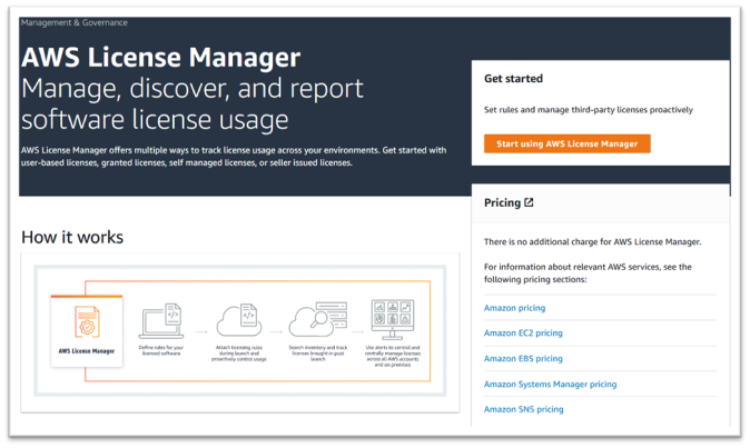 AWS License Manager halaman rumah.