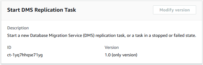 Database Migration Service replication task details showing ID and version.