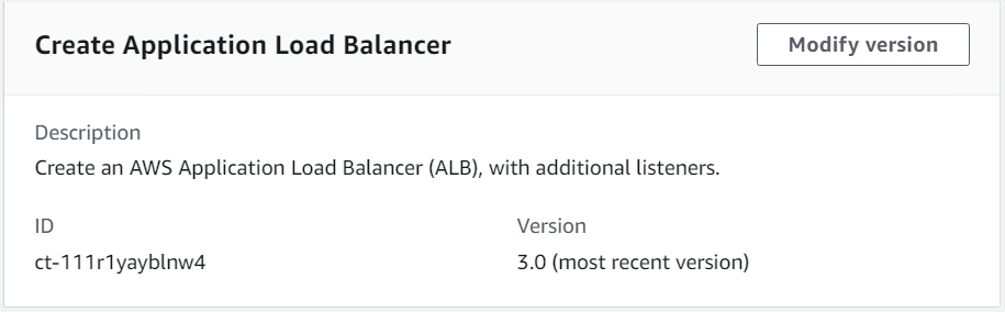 Application Load Balancer creation interface showing description, ID, and version details.
