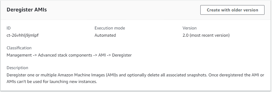Deregister AMIs interface showing ID, execution mode, version, and description details.