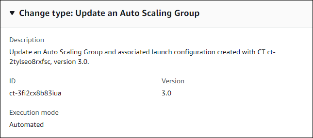 Perubahan type details for updating an Amazon EC2 Auto Scaling Group, showing description, ID, and execution mode.
