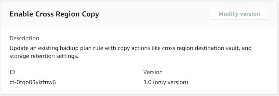Enable Cross Region Copy interface with description, ID, and version details.