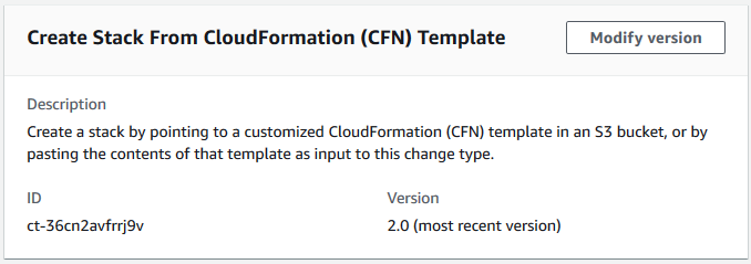 Create Stack From CloudFormation Template interface showing description, ID, and version.