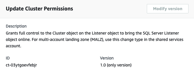 Update Klaster Permissions interface showing description, ID, and version details.
