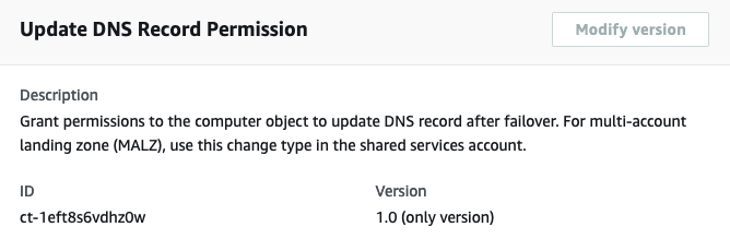 Update DNS Record Permission interface showing description, ID, and version details.