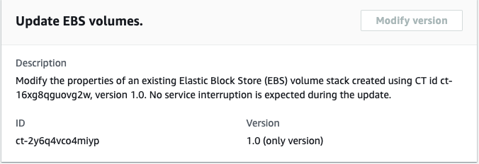 Update EBS volumes interface showing description, ID, and version for modifying volume properties.