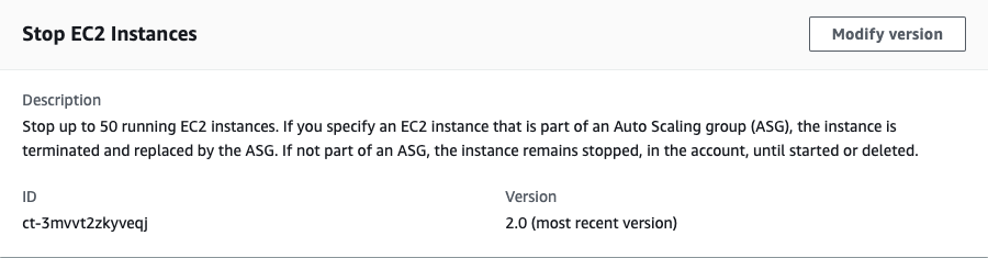 Deskripsi of EC2 instance stopping functionality, with ID and version details.