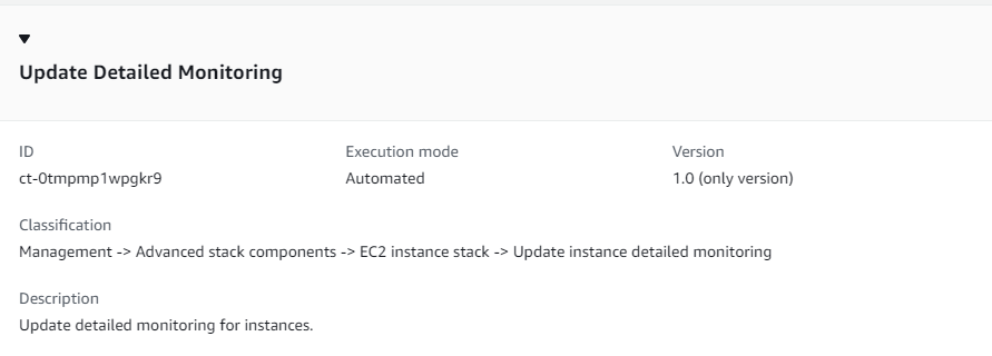 Update Detailed Monitoring interface showing ID, execution mode, version, and description.