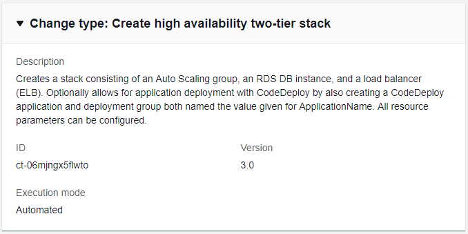 Perubahan type details for creating a high availability two-tier stack with configurable parameters.