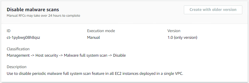 Configuration details for disabling malware scans in EC2 instances within a VPC.