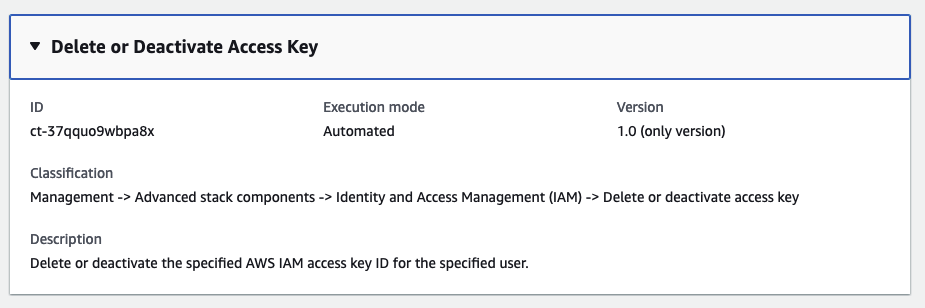 Delete or Deactivate Access Key interface showing ID, execution mode, and classification details.