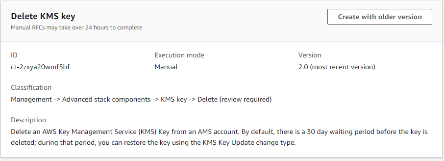 Delete KMS key interface showing ID, execution mode, version, and description details.