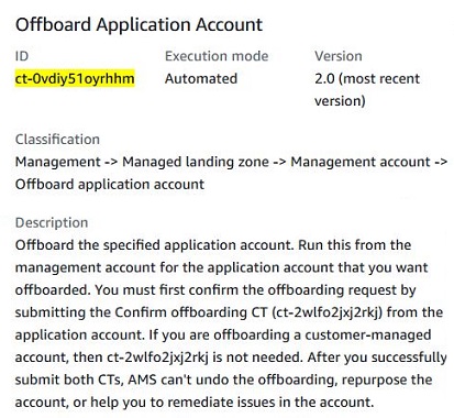 Offboard Application Account details showing ID, execution mode, version, and description.
