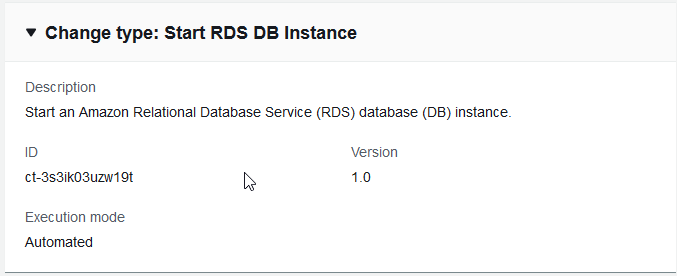 Perubahan type details for starting an Amazon RDS database instance, including ID and version.