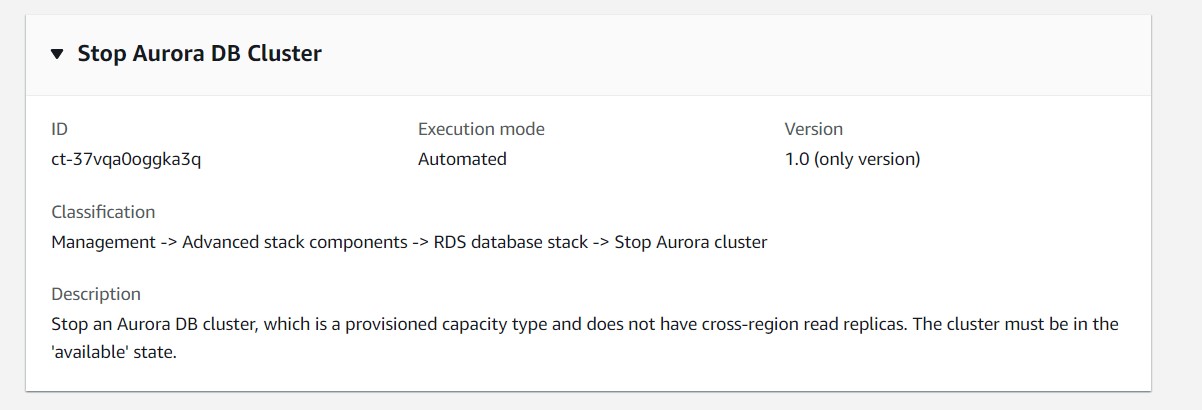 Details of a Stop Aurora DB Klaster change type, including ID, execution mode, and description.