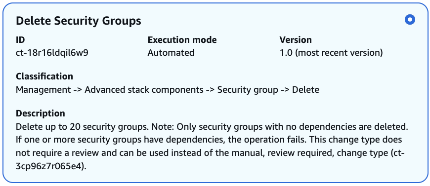 Perubahan type details for deleting security groups, including ID, mode, version, and description.