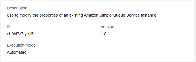 Properties panel for an Amazon Simple Queue Service instance, showing ID, version, and execution mode.