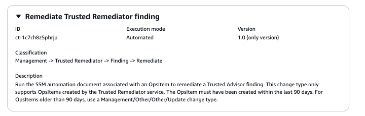 Remediate Trusted Remediator finding details including ID, execution mode, and description.