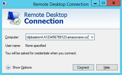 Remote Desktop Connection window with Computer and User name fields, and Connect button.