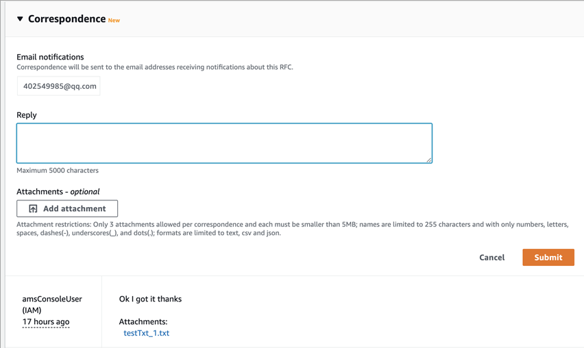 Bagian korespondensi menunjukkan formulir balasan dan menerima korespondensi.