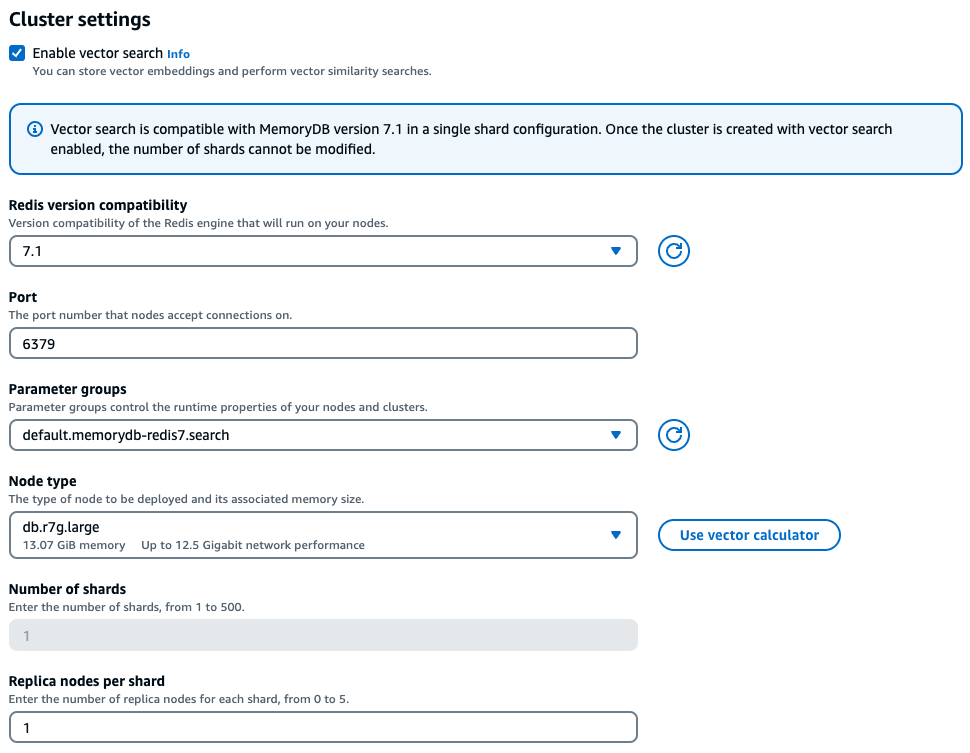 Pengaturan cluster pencarian vektor di AWS konsol.